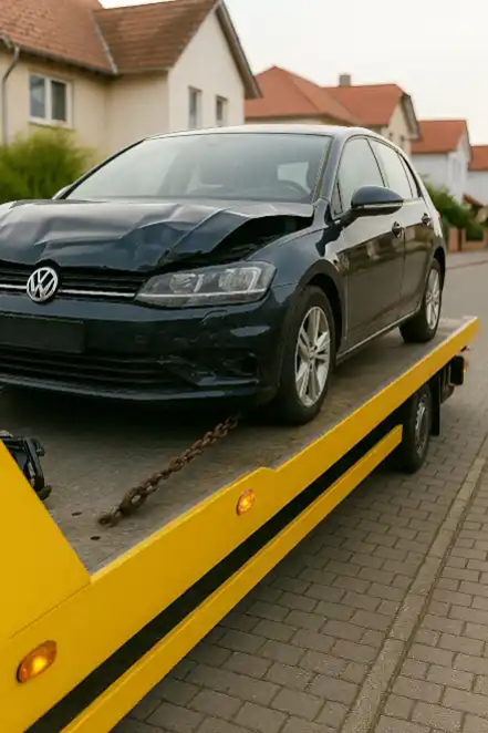 Ein defektes Auto, das in Balingen für den Autoankauf abgeschleppt wird.